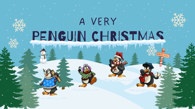 A graphic illustration of a snowcovered landscape with conifer trees and four illustrations of penguin characters. There is text at the top that says 'A Very Penguin Christmas' with the dates Sat 22 Nov to Sun 4 Jan.